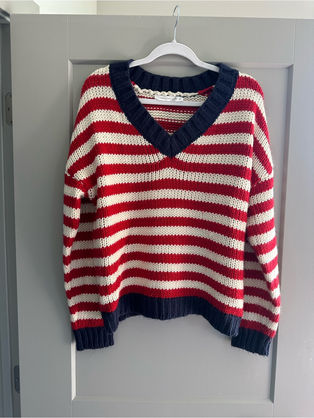 Altar'd State Red & White Striped V-Neck Sweater with Navy Trim